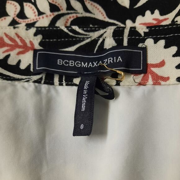 BCBGMAXAZRIA Dress Womens 0 Black White Floral Linen Blend Button Front Midi - Picture 3 of 10